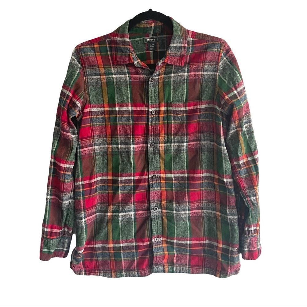 𝅺ROOTS Canada Men’s Plaid Flannel Button Front Shirt Green Red White XS